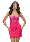 Pink ASHLEYlauren 4690 stunning cocktail dress featuring an illusion neckline, corset bustier with press-on stones cascading down the skirt, and a wrap skirt with a side slit for an elegant and head-turning look.