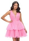 Pink ASHLEYlauren 4695 A-line cocktail dress featuring a glitter tulle fabric, illusion V-neckline, and heat-set stones throughout each tier for a sparkling and glamorous look.