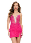 Pink ASHLEYlauren 4716 Cocktail Dress with Illusion V-Neckline, Corset Bustier, and Wrap Skirt