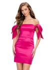 Pink ASHLEYlauren 4725 off shoulder taffeta cocktail dress featuring strapless design, charming bow details on the straps, and a fitted skirt for an elegant and playful look.
