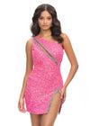 Pink ASHLEYlauren 4754 fully hand-beaded cocktail dress featuring a one shoulder neckline, asymmetrical cut out, open back, fitted skirt, and a left leg slit for a bold and glamorous look.
