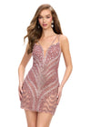 Pink ASHLEYlauren 4760 Hand Beaded Cocktail Dress with Plunging V-Neckline and Fitted Skirt