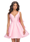 Pink ASHLEYlauren 4781 Mikado cocktail dress featuring a deep V-neckline, open back with an inverted bow detail, and an A-line skirt for a chic and elegant statement look.