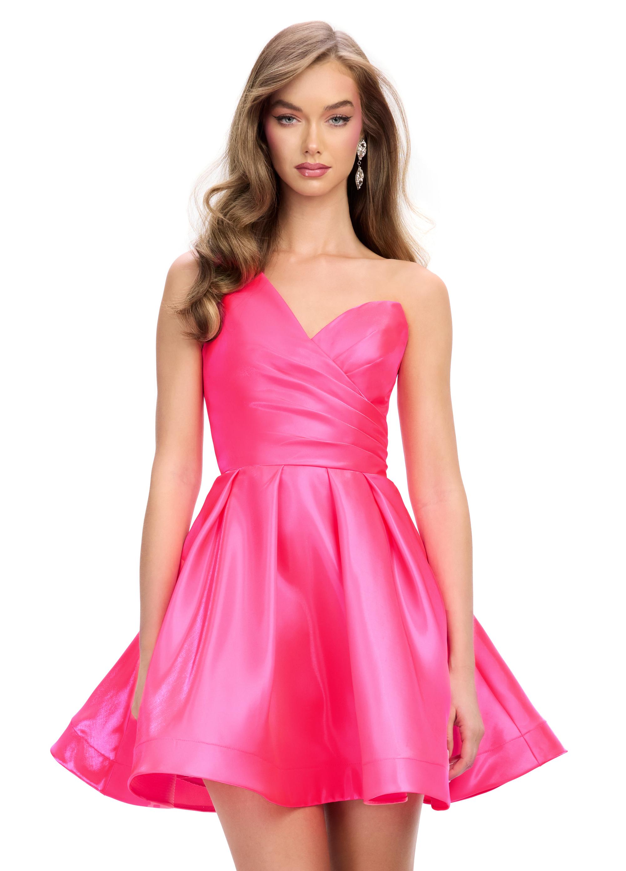 Pink ASHLEYlauren 4786 classic satin cocktail dress featuring a one shoulder design, ruched sweetheart bustier, and an elegant A-line skirt for a timeless and sophisticated look.