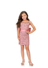Pink ASHLEYlauren 8230 fully beaded fitted kids cocktail dress featuring delicate spaghetti straps, an oversized removable bow, and extra jewel embellishments along the neckline for a glamorous and fun look.