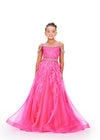 Pink ASHLEYlauren 8242 kids gown featuring an off-shoulder design, crystal beaded straps, neckline trim, and belt, adorned with lace applique, press-on stones, and feather accents for a glamorous and elegant look.