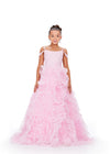 Pink ASHLEYlauren 8246 elegant kids ball gown featuring a scoop neckline, draping off-shoulder straps, lace applique bodice adorned with scattered heat-set stones, and a dramatic A-line tulle ruffle skirt for a sophisticated and show-stopping look.