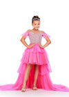 Pink ASHLEYlauren 8259 fun and flirty kids high-low tulle dress featuring a V-neckline, V-back, off shoulder feather straps, and a crystal-encrusted beaded bustier for a dazzling and stylish look.