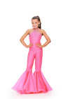 Pink ASHLEYlauren 8265 super sassy kids jersey jumpsuit featuring a halter neckline, heat-set stone embellishments, and flared organza bell-bottom pant legs for a bold and stylish look.