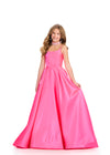 Pink ASHLEYlauren 8275 elegant satin kids ball gown featuring delicate spaghetti straps, an A-line skirt, a matching fully beaded choker, and a sweep train for a timeless and sophisticated look.