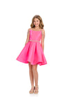 Pink ASHLEYlauren 8277 satin kids cocktail dress featuring a high neckline, spaghetti straps, off shoulder beaded straps, a beaded belt, and a V-back for a fabulous and stylish look.