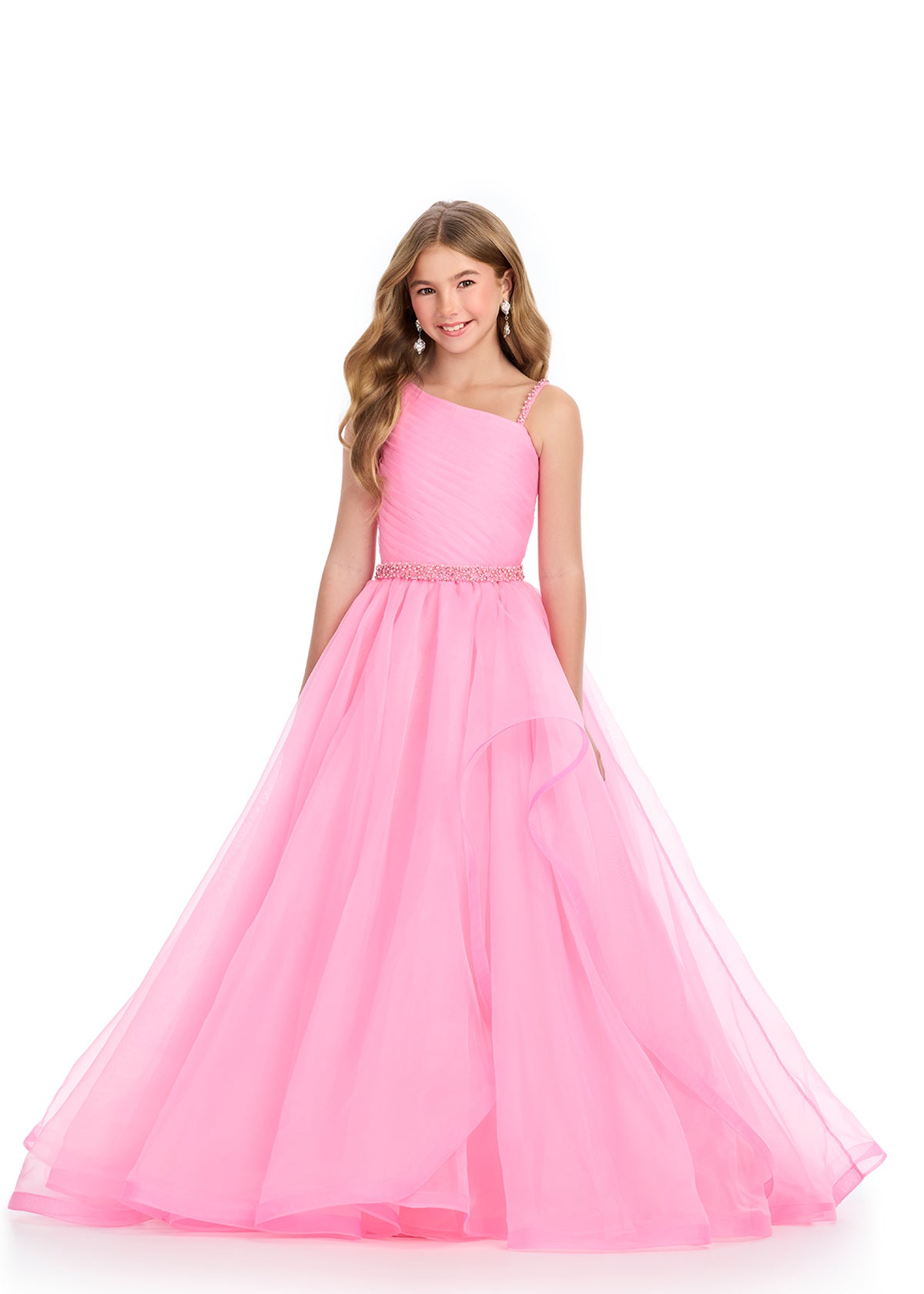 Pink ASHLEYlauren 8310 One-Shoulder Organza Ball Gown with Ruched Bodice, Beaded Waistband, and Sweeping Train