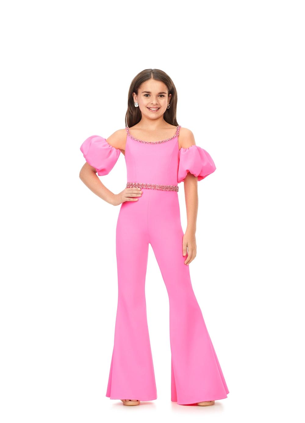 Pink ASHLEYlauren Kids 8164 stylish scuba jumpsuit featuring a crew neckline, off shoulder puff sleeves, beaded neckline and waistband for a perfect blend of classy and fabulous.