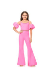 Pink ASHLEYlauren Kids 8164 stylish scuba jumpsuit featuring a crew neckline, off shoulder puff sleeves, beaded neckline and waistband for a perfect blend of classy and fabulous.