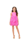 Pink ASHLEYlauren Kids 8176 fabulous feather cocktail dress featuring a crew neckline, open back, crystal-encrusted waistband, and a full feather skirt accented with scattered crystals for a glamorous and standout look.