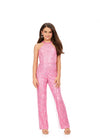 Pink ASHLEYlauren Kids 8194 runway-ready fully beaded jumpsuit featuring a halter neckline and fringe detailing throughout for the perfect amount of movement and glamour.