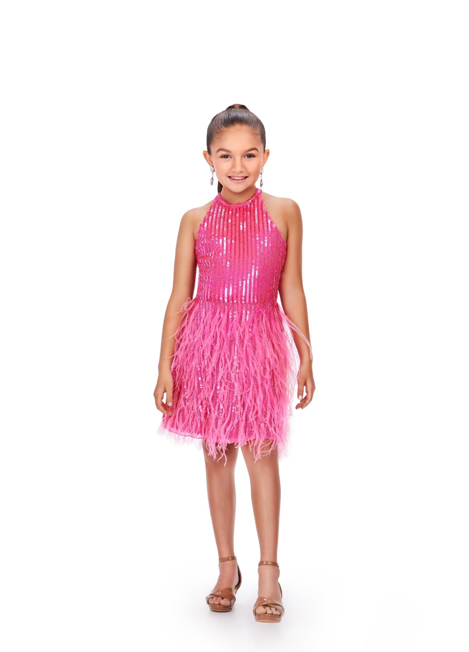 Pink ASHLEYlauren Kids 8196 Fully Beaded A-Line Cocktail Dress with Halter Neckline and Feather Details