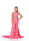 Pink ASHLEYlauren Kids 8225 Embroidered Lace Jumpsuit with Chiffon Cape and Jeweled Belt