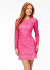 ASHLEYlauren 4438 – A sassy and classy fully hand-beaded long sleeve cocktail dress featuring a fitted skirt with fringe detail along the left leg slit and hemline. Perfect for making a bold, elegant statement at any event.