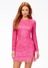 ASHLEYlauren 4438 – A sassy and classy fully hand-beaded long sleeve cocktail dress featuring a fitted skirt with fringe detail along the left leg slit and hemline. Perfect for making a bold, elegant statement at any event.