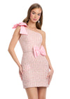 Pink ASHLEYlauren 4806 One-Shoulder Tweed Cocktail Dress with Classic Waistband and Bow Detailing