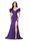 Purple ASHLEYlauren 11101 Off-Shoulder Scuba Gown with Sweetheart Neckline, Feather Accents, and Left Leg Slit