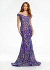 Purple ASHLEYlauren 11115 elegant off shoulder stretch sequin gown featuring a signature criss-cross open back, fitted silhouette, and horsehair hem for a glamorous and sophisticated finish.