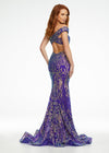 Back - Purple ASHLEYlauren 11115 elegant off shoulder stretch sequin gown featuring a signature criss-cross open back, fitted silhouette, and horsehair hem for a glamorous and sophisticated finish.
