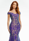 Close Up - Purple ASHLEYlauren 11115 elegant off shoulder stretch sequin gown featuring a signature criss-cross open back, fitted silhouette, and horsehair hem for a glamorous and sophisticated finish.