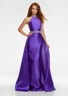 Purple ASHLEYlauren 11148 High Neck Mikado Column Gown with Open Back, Beaded Neckline and Belt, and Attached Overskirt