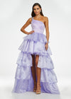 Purple ASHLEYlauren 11159 One-Shoulder High-Low Gown with Beaded Strap, Ruffled Organza Tiers, and Dramatic Silhouette
