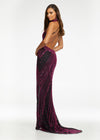 Back - Purple ASHLEYlauren 11177 – An intricately hand-beaded halter gown featuring a stunning beaded motif, low open back, center slit, and a sweeping train. Perfect for making a show-stopping statement at any event.