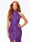 Purple ASHLEYlauren 11177 – An intricately hand-beaded halter gown featuring a stunning beaded motif, low open back, center slit, and a sweeping train. Perfect for making a show-stopping statement at any event.
