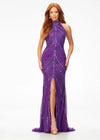 Purple ASHLEYlauren 11177 – An intricately hand-beaded halter gown featuring a stunning beaded motif, low open back, center slit, and a sweeping train. Perfect for making a show-stopping statement at any event.