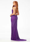 Back - ASHLEYlauren 11177 – An intricately hand-beaded halter gown featuring a stunning beaded motif, low open back, center slit, and a sweeping train. Perfect for making a show-stopping statement at any event.
