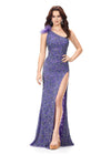 Purple ASHLEYlauren 11277 one shoulder gown featuring intricate sequin and crystal beading, feather-accented neckline, left leg slit, and strappy open back.