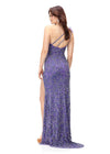 Back - Purple ASHLEYlauren 11277 one shoulder gown featuring intricate sequin and crystal beading, feather-accented neckline, left leg slit, and strappy open back.