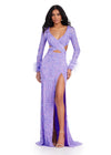 Purple ASHLEYlauren 11364 beaded gown featuring a V-neckline, crisscross cut-out bodice, long sleeves trimmed with feathers, left leg slit, and a sweep train for added drama.