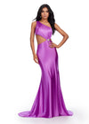 Purple ASHLEYlauren 11577 Elegant One Shoulder Fitted Satin Gown with Draped Bodice, Side Cut Out, and Sparkling Crystal Brooch Accent