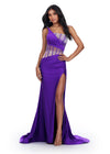 Purple ASHLEYlauren 11617 Elegant One Shoulder Jersey Gown with Glamorous Beaded Corset Bustier, Ruched Hip Detail, and Left Leg Slit