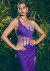 Purple ASHLEYlauren 11617 Elegant One Shoulder Jersey Gown with Glamorous Beaded Corset Bustier, Ruched Hip Detail, and Left Leg Slit