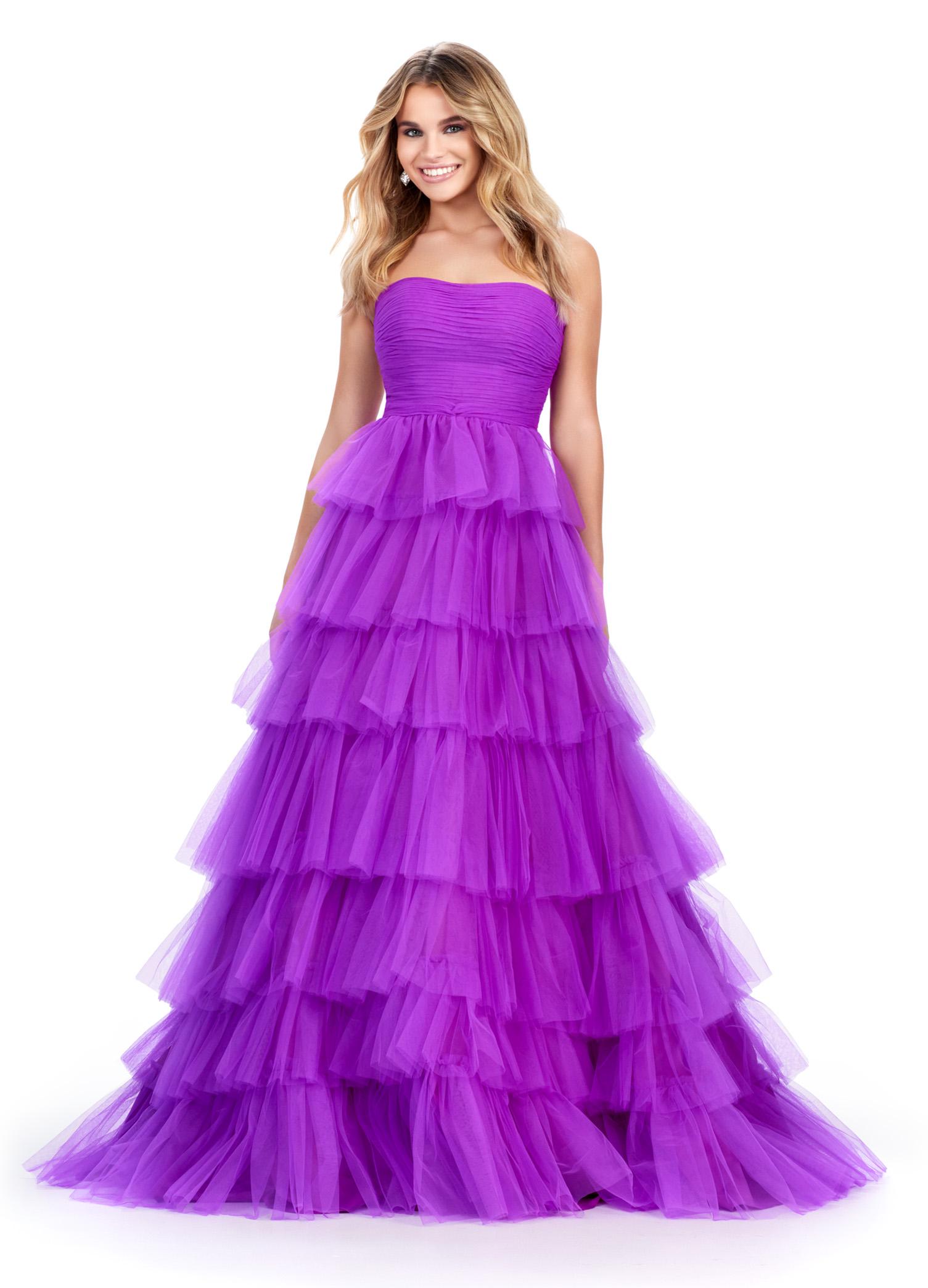 Purple ASHLEYlauren 11621 Strapless Tulle Ball Gown with Ruched Bustier and Layered Multi-Tiered Skirt