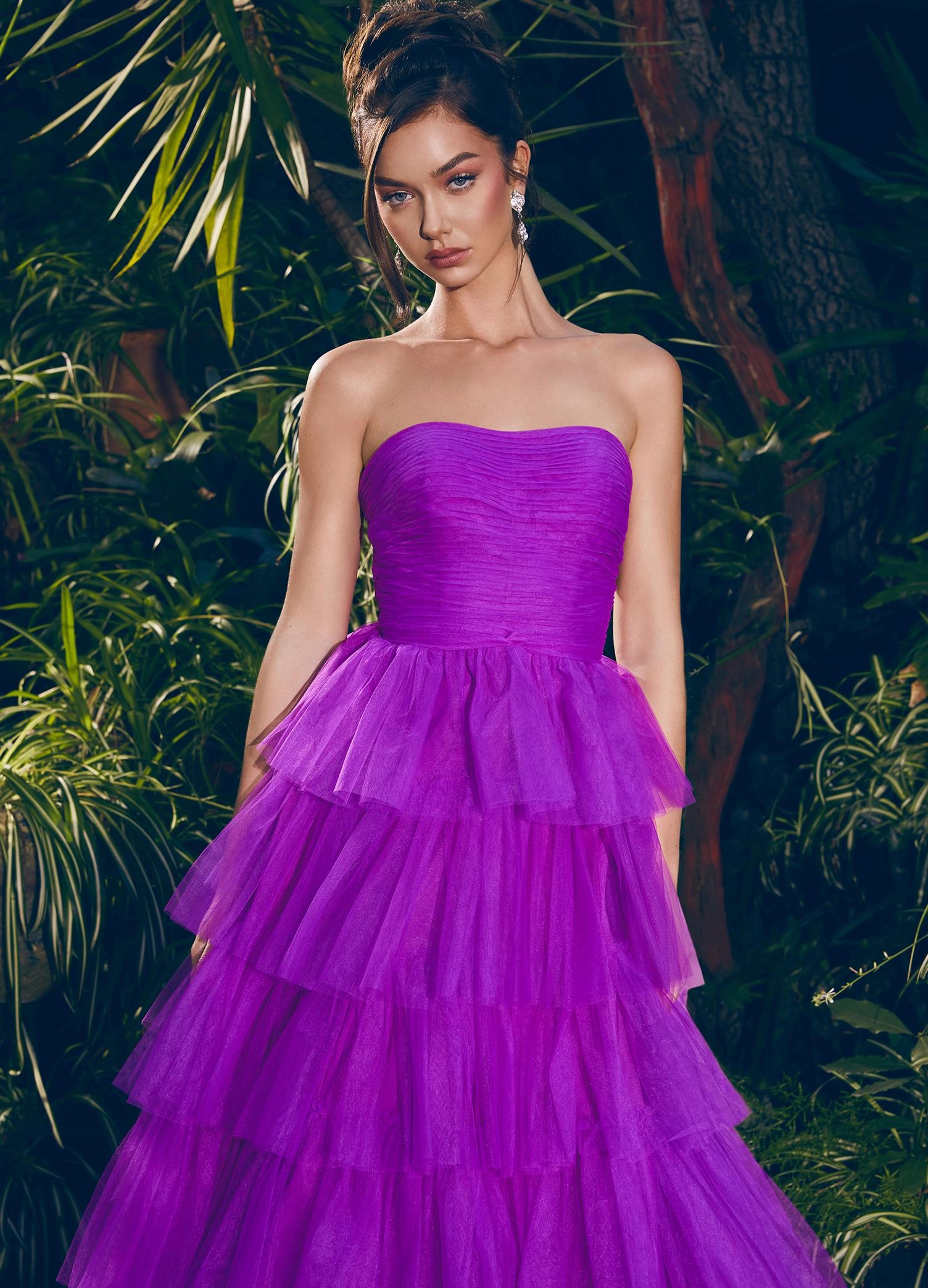 Purple ASHLEYlauren 11621 Strapless Tulle Ball Gown with Ruched Bustier and Layered Multi-Tiered Skirt