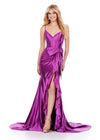 Purple ASHLEYlauren 11638 Edgy Shimmer Jersey Gown with Spaghetti Straps, Structured Corset Bustier, Statement Bow and Ruffle Accent, and Lace Up Back