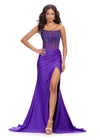 Purple ASHLEYlauren 11690 Glamorous Strapless Gown with Exposed Corset Boning Encrusted in Press On Stones, Ruched Skirt, and Left Leg Slit