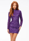 Purple ASHLEYlauren 4252 fully beaded cocktail dress featuring long sleeves, a modern high neckline, fitted silhouette, and a sexy open back for a striking evening look.
