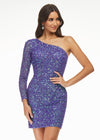 Purple ASHLEYlauren 4457 fully hand-beaded cocktail dress featuring a one shoulder sleeve and a fitted skirt for a sleek and glamorous silhouette.