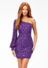 Purple ASHLEYlauren 4497 fully hand-beaded cocktail dress featuring a one shoulder neckline, dramatic bishop sleeve, and fitted skirt for a glamorous and sophisticated look.