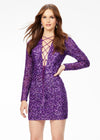 Purple ASHLEYlauren 4512 fully sequin hand-beaded cocktail dress featuring a lace-up bustier, long sleeves, and a fitted skirt for a bold and glamorous look.