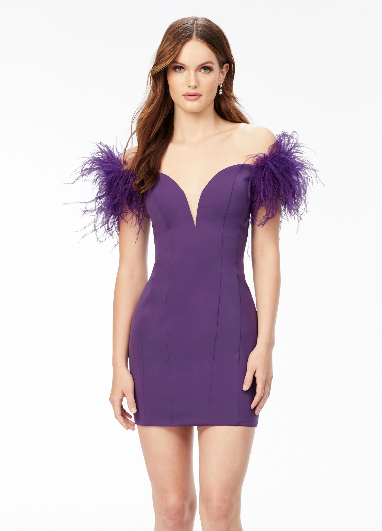 Purple ASHLEYlauren 4523 off shoulder scuba cocktail dress featuring a sweetheart neckline, feather details, and signature contour seaming for a flattering and elegant silhouette.